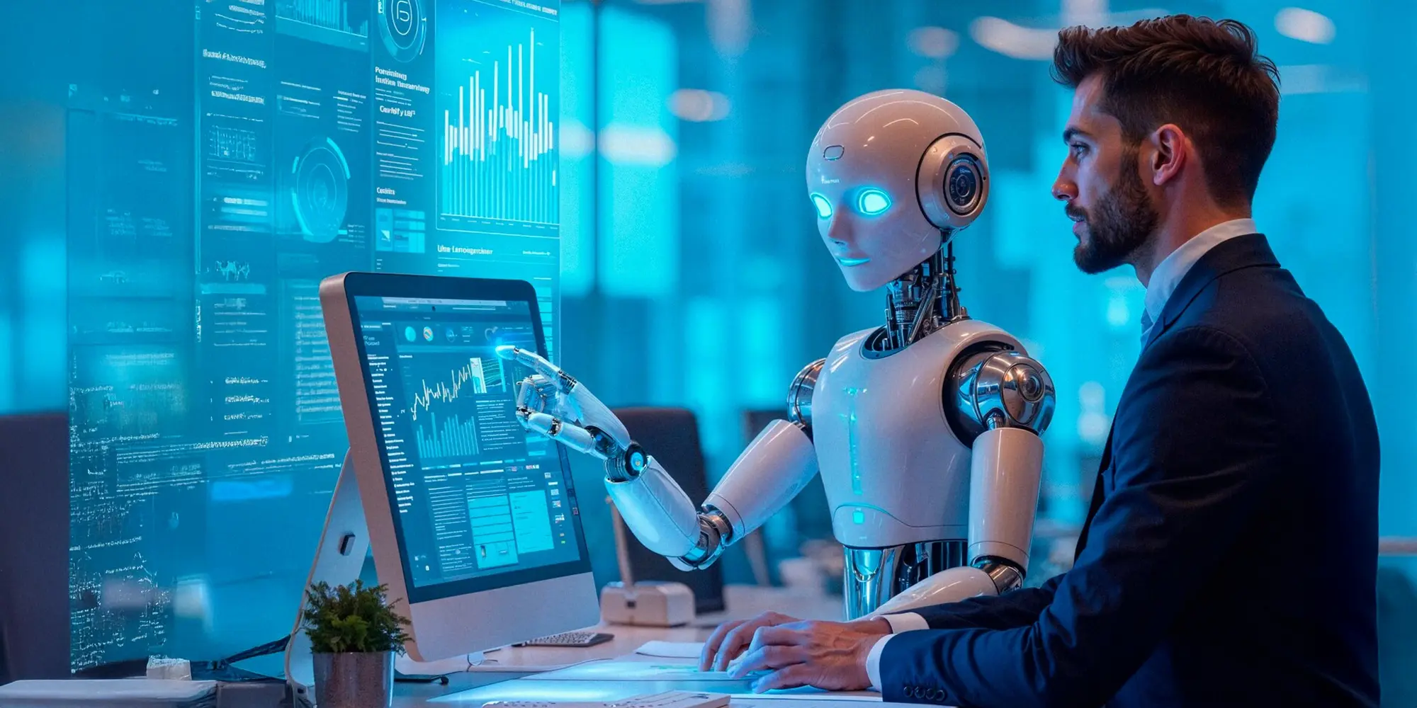 business professional and AI robot managing business process automation tasks